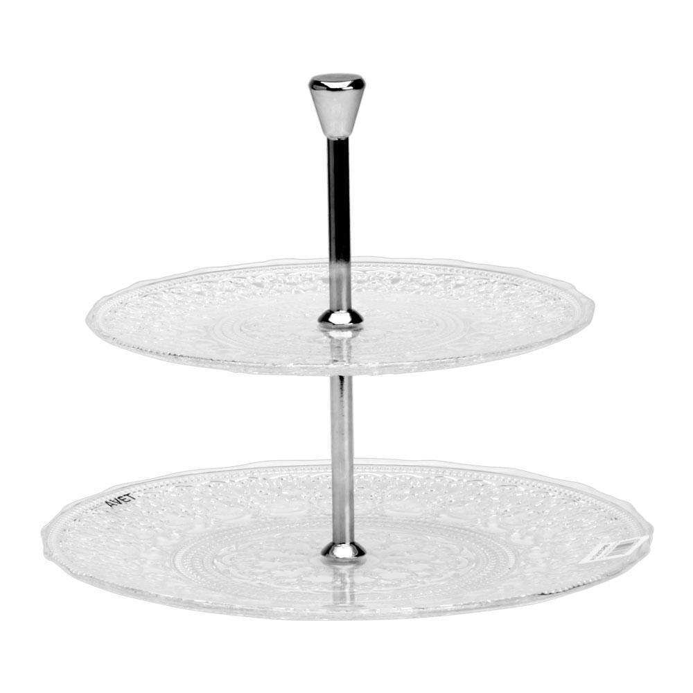 Avet Pastelera 2 Pisos de Cristal Colección Doge con Relieve Exterior y Soporte Acero Cromado Ø28cm Alt.23cm para Mesas Dulces