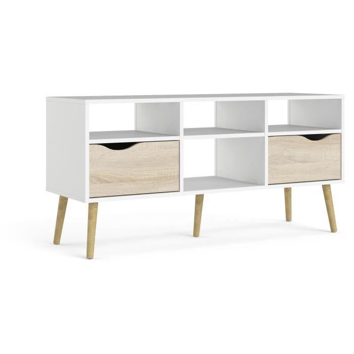 TVILUM 7539149AK Mueble para Televisión con 4 Nichos y 2 Cajones, Acabado Blanco y Roble, 117,2x39,1x57,4 cm