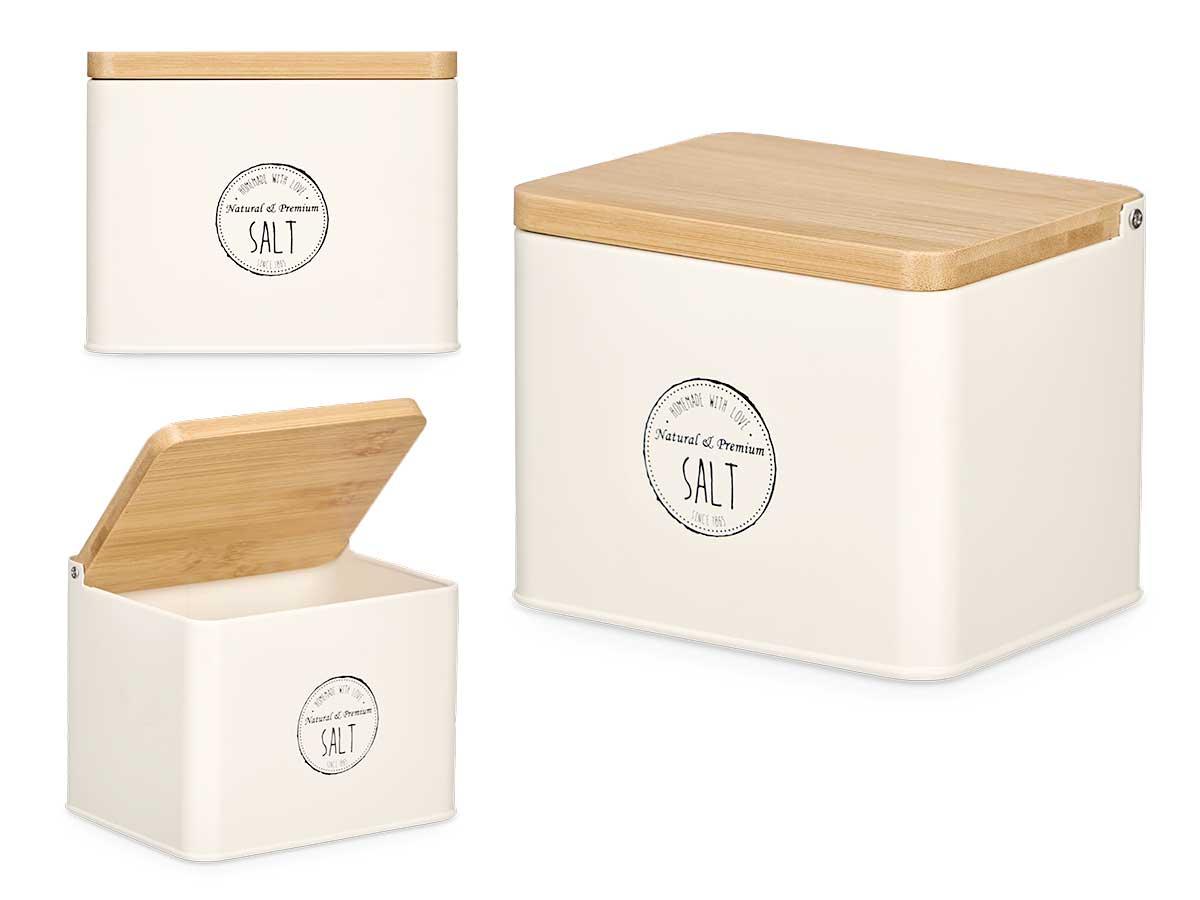 Kinvara Salero de Metal con Tapa de Bambú, Color Crema, 14 cm Ancho x 11 cm Alto x 11 cm Largo (12 Unidades)