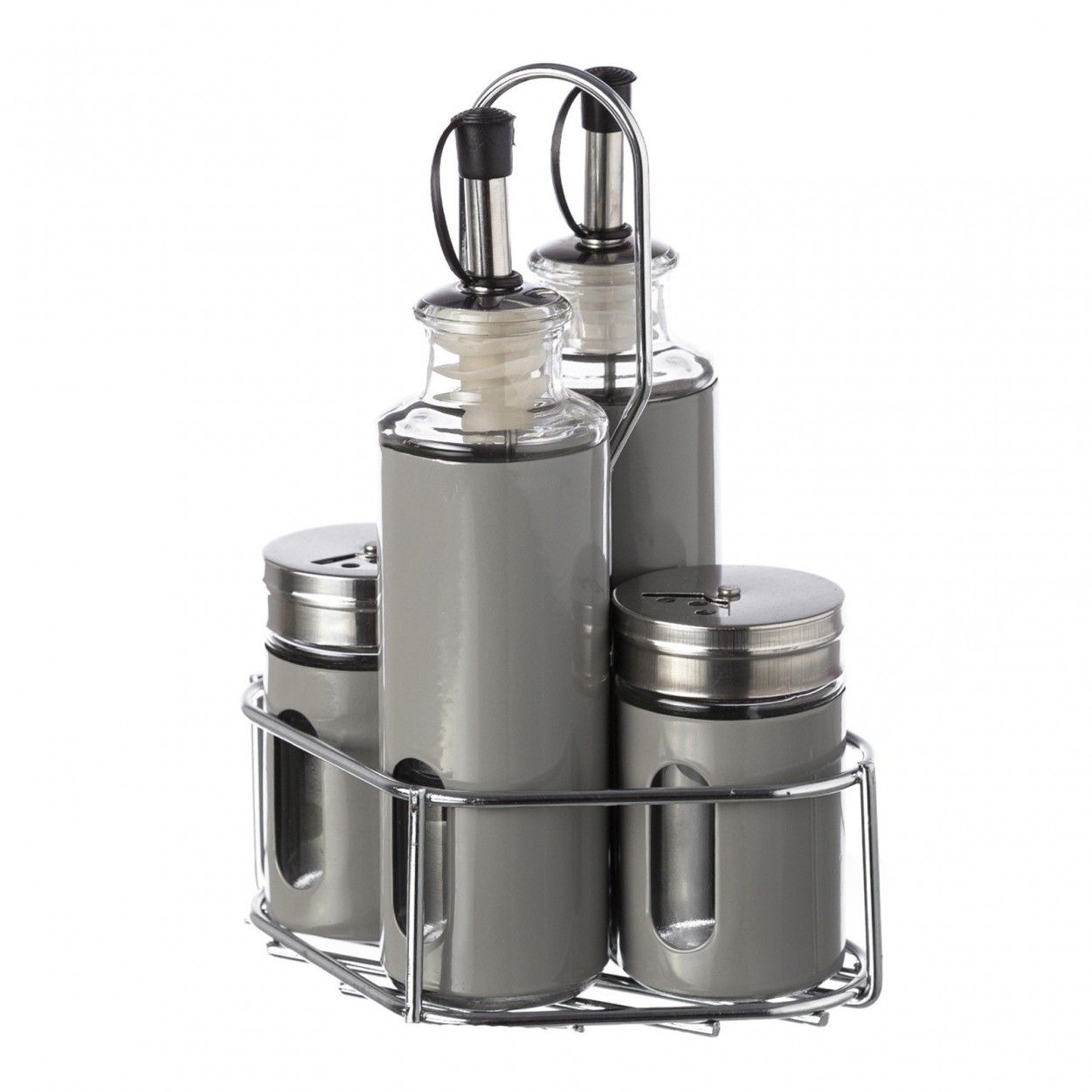 Aceitera y vinagrera, Pimentero, Salero de Cerámica, Base Metálica.  Juego/Convoy de 4 piezas, Diseño Original/Gris 15x12x20cm