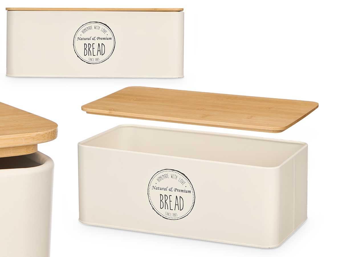 Kinvara Panera de Metal Color Crema con Tapa de Bambú – Caja para Conservar Pan Fresco en la Cocina 33x12x18 cm (4 Unidades)