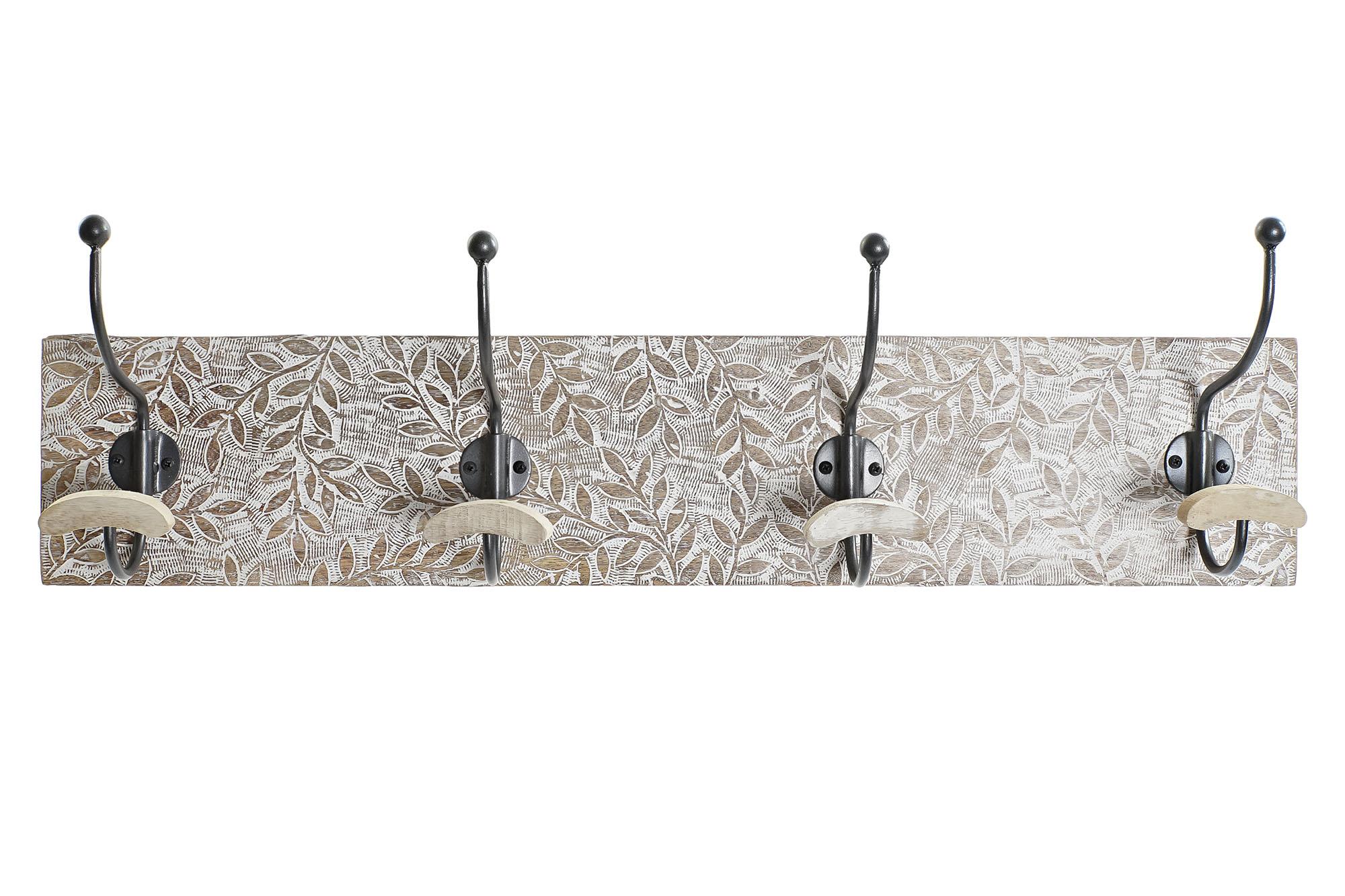 DKD Home Decor Perchero de Pared Estilo Indio de Madera de Mango y Hierro Tallado Artesanal Natural y Blanco 14x21x76 cm Pack de 2 Unidades