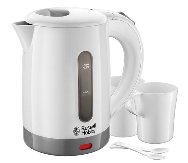 Russell Hobbs 23840-70 Hervidor Travel 0.85L, Blanco, Incluye 2 Tazas y 2 Cucharas, Doble Visor