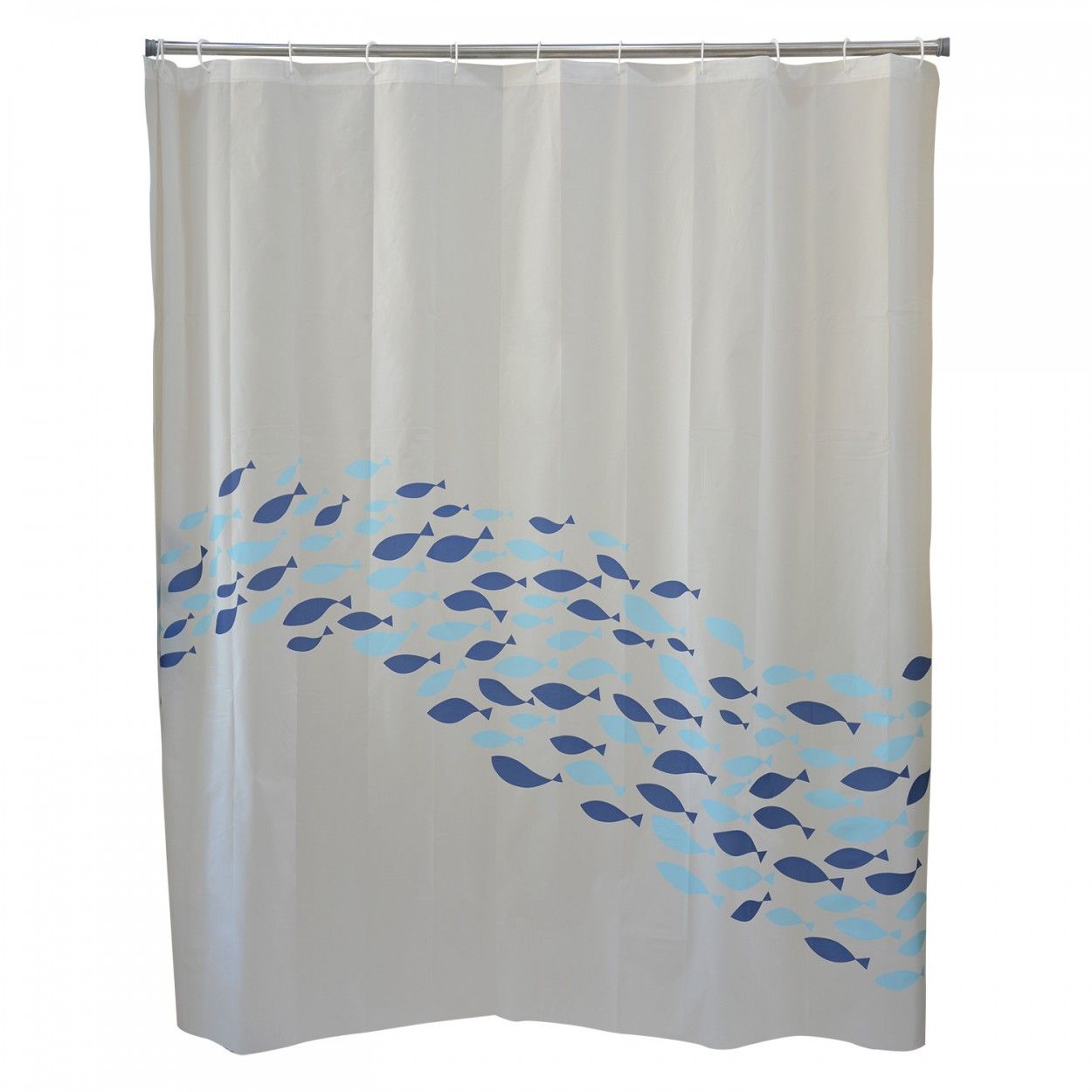 CORTINA BAÑO BLANCA CON PECES AZULES 180X180CM PEVA
