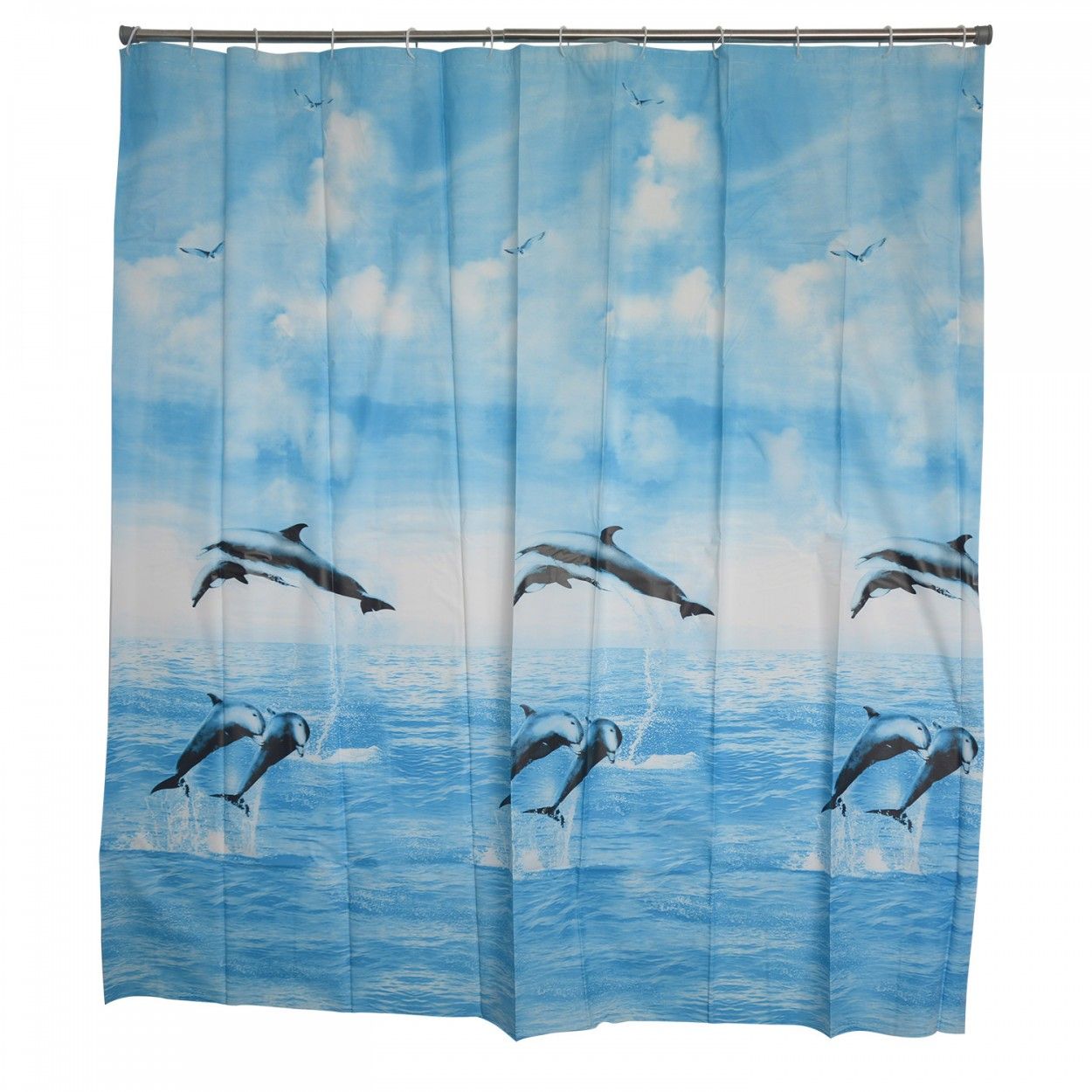 Cortina de Baño Original, de color Azul, 180cm X 180cm, ideal para Ducha. Diseño de Delfines, con estilo Marino - Hogar y Más