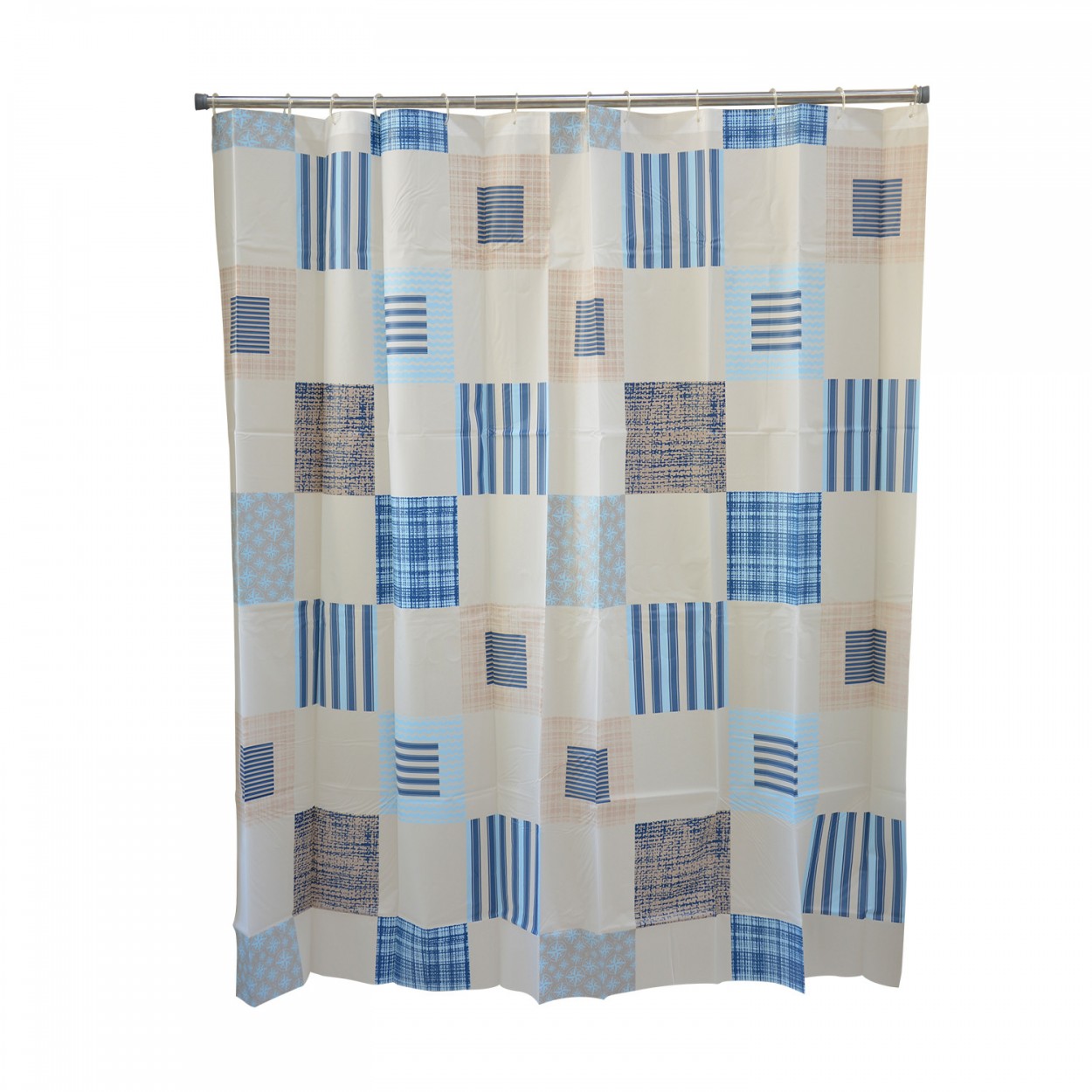 CORTINA DUCHA PEVA BEIGE AZUL 180X180CM CUADROS