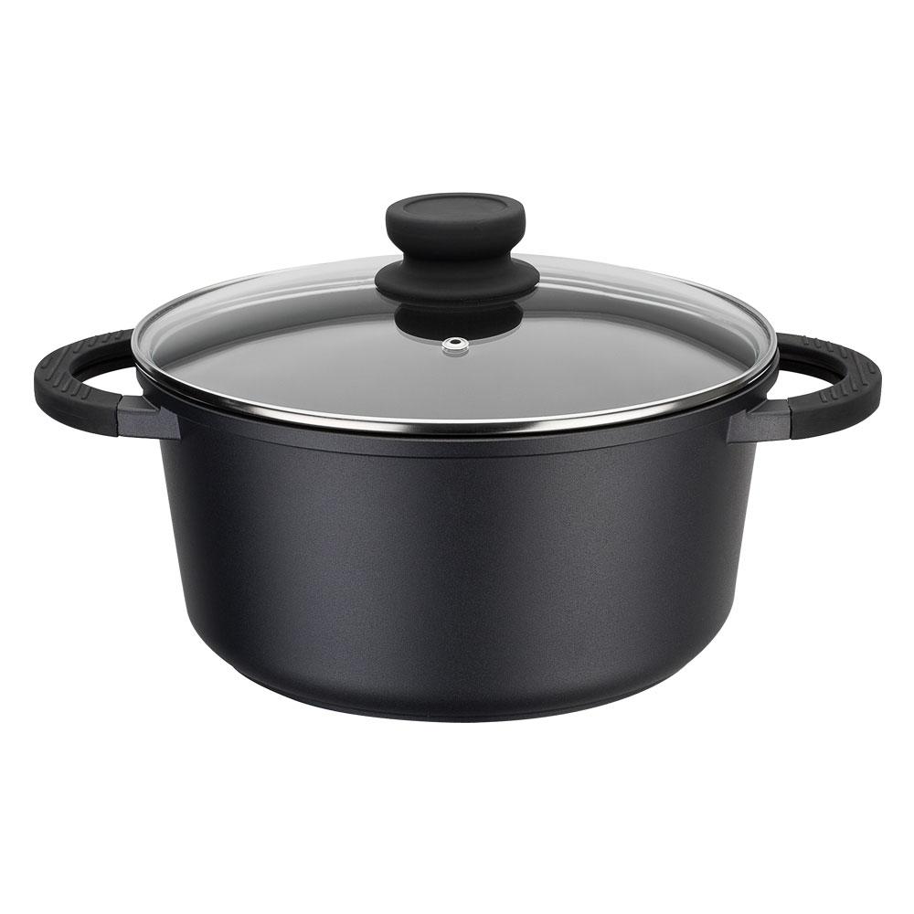GSW Cacerola Alta Aluminio Fundición Silcoguss Noir 4,6L Ø24cm con Tapa Cristal Asas Silicona Set 4 Piezas Apta Todo Tipo de Cocinas