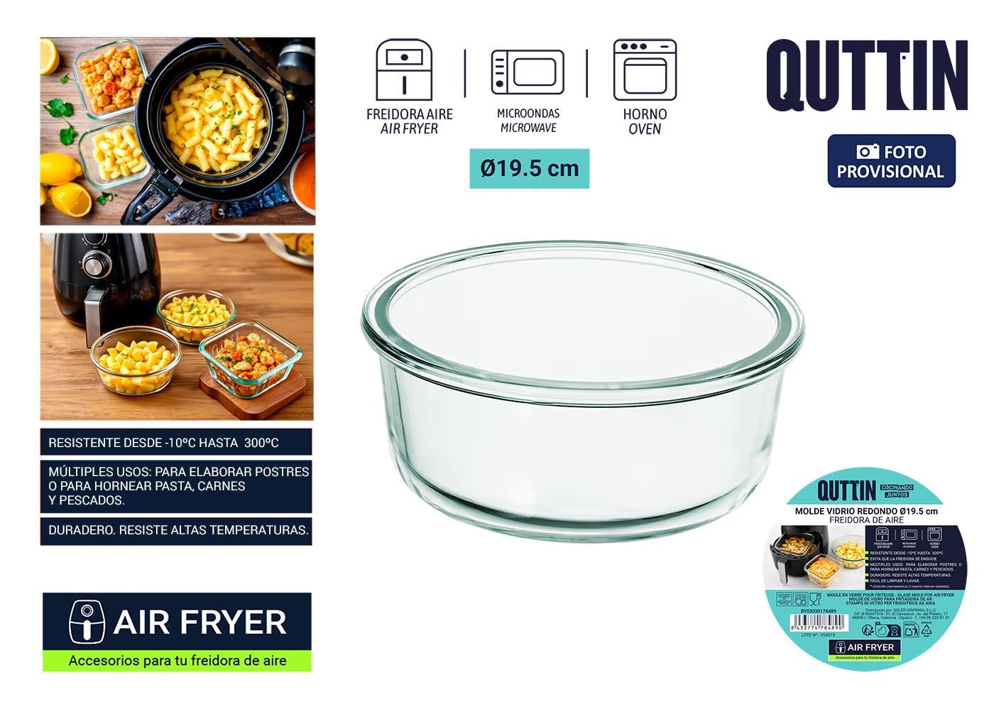 Quttin Molde Redondo de Vidrio para Airfryer 19.5 cm, Accesorio de Cocina Resistente y Fácil de Limpiar, Diámetro 19.3 cm (12 Unidades)