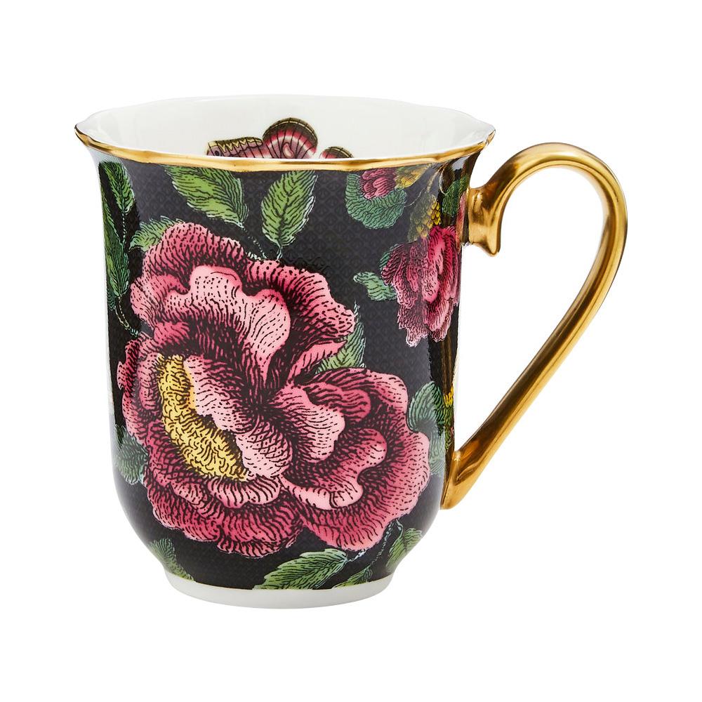 Spode Taza 340 ml Negra Colección Creatures of Curiosity con Estampado Floral y Asa de Oro 22K
