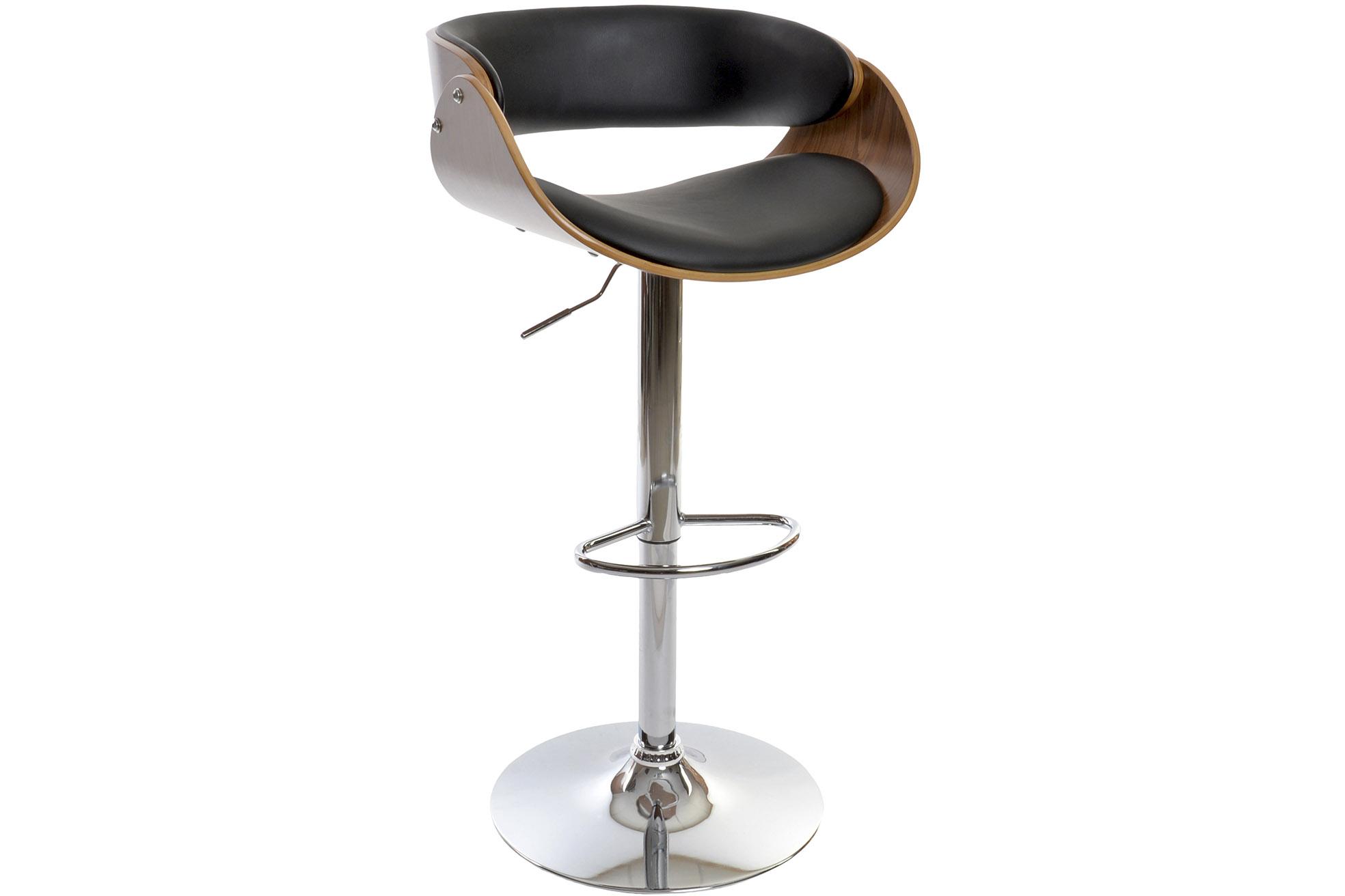 DKD Home Decor Taburete Moderno Ajustable Negro Marrón PU y Nogal Acabado Cromado Altura Asiento 83 cm 101.5 x 54 x 53 cm