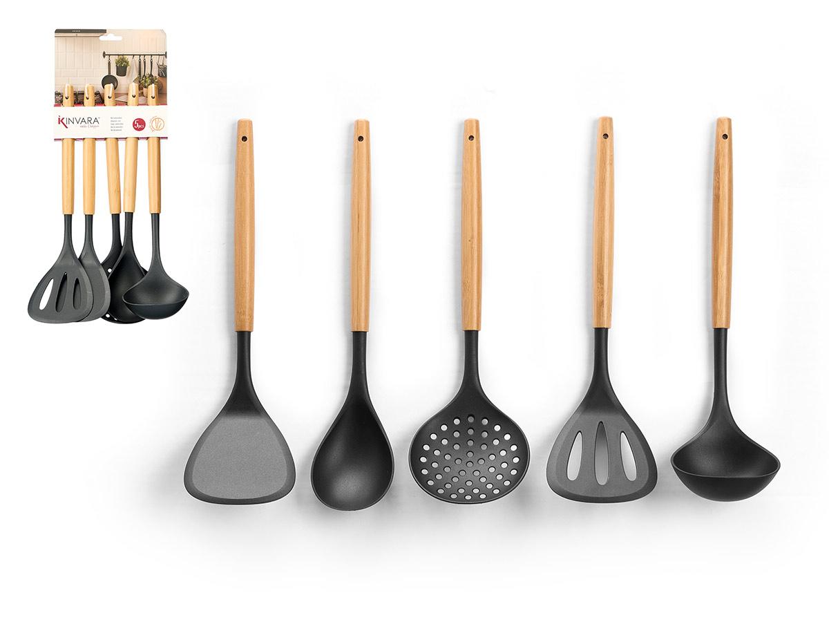 Kinvara Set 5 Utensilios de Cocina de PBT y Bambú 16x43.5x7 cm Marrón (12 Unidades)