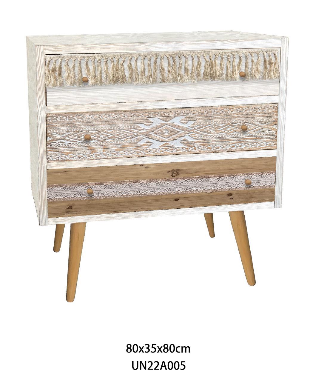 DKD Home Decor Cómoda Boho Blanco Natural de Abeto y Algodón con 3 Cajones 80x35x80 cm