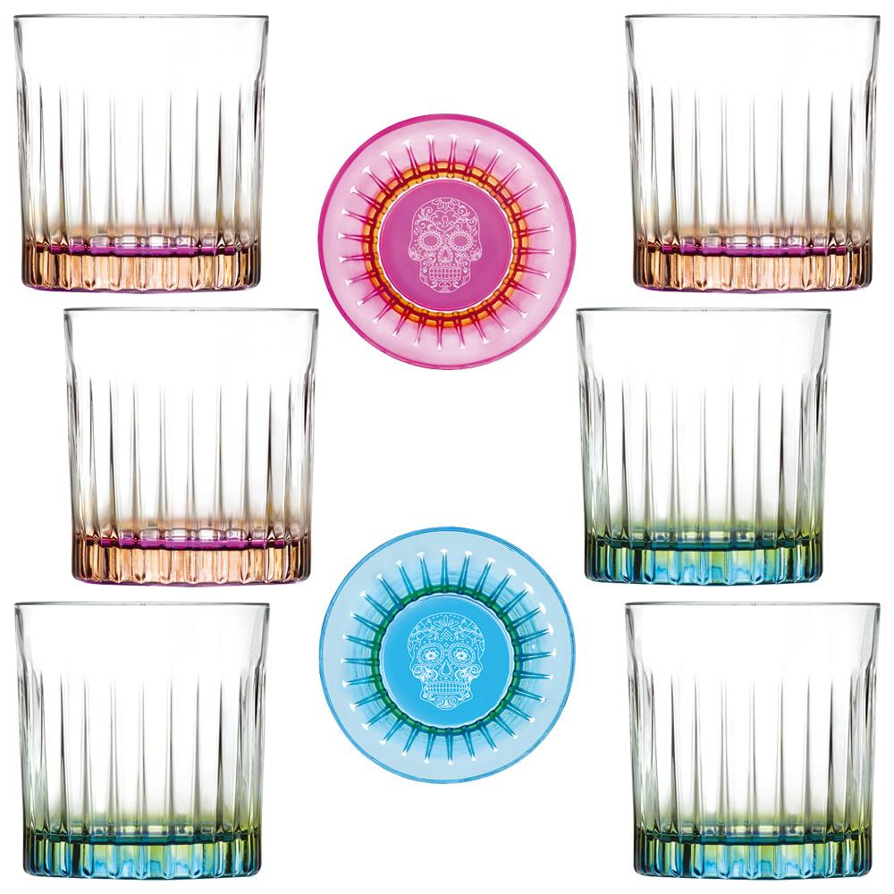 Rcr Cristalleria IT Set 6 Vasos Bajos Mixology 3 Azules y 3 Rosas 360 ml Ultrarresistentes Aptos Lavavajillas