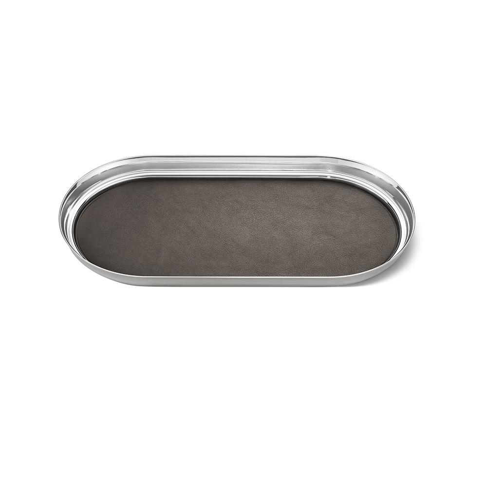 Georg Jensen Bandeja Manhattan de Acero Inoxidable y Cuero con Forro Interior Antideslizante – Ideal para Servir – Medidas 35x18x2,8 cm