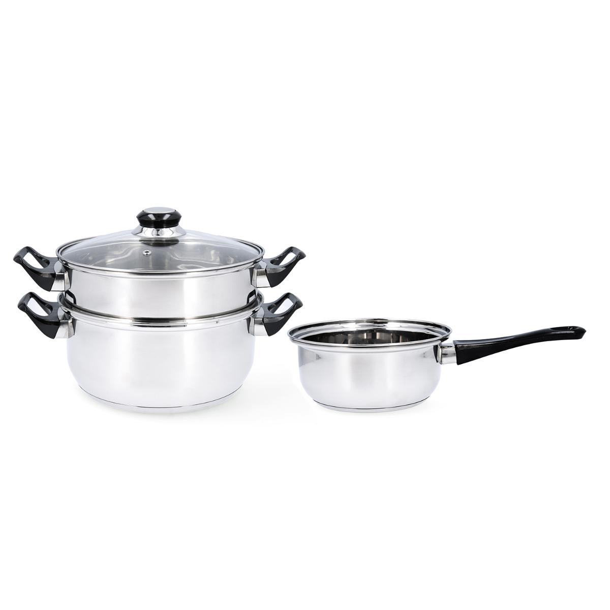 Quid Set Cocina Habitat - Vaporera, Cacerola y Cazo Acero Inoxidable 22 cm y 16 cm - 3 Piezas, Asas Baquelita y Apto Inducción