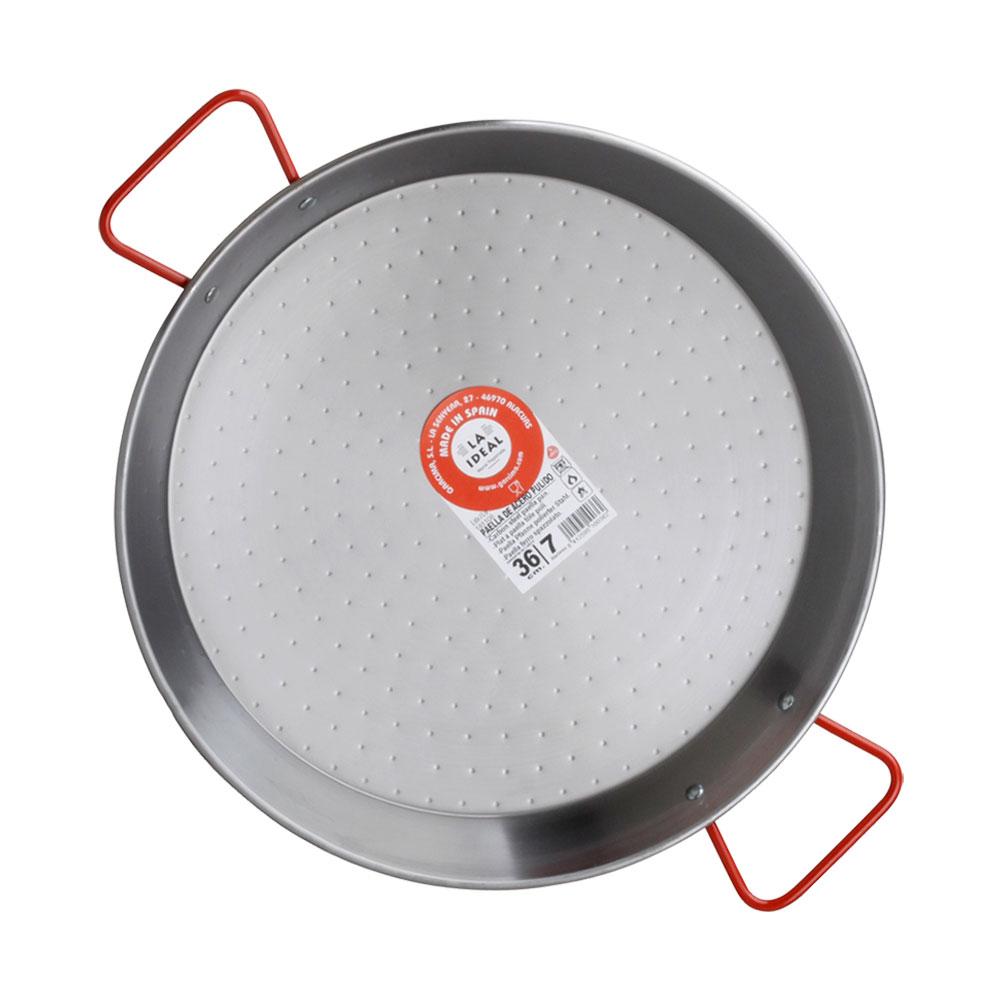 Garcima Paellera Valenciana La Ideal Acero Pulido 36 cm para 7 Raciones - Apta Gas y Leña, 2 Asas Rojas - Pack 6 Unidades