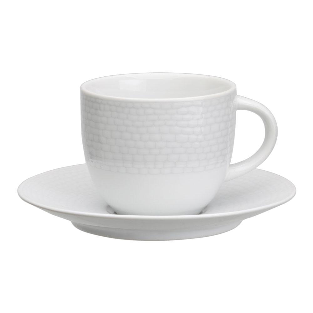 Avet Taza de Té con Plato, Juego de 6 Unidades, 280ml, Colección Lohan White con Relieve Adoquines Blanco Roto Brillante