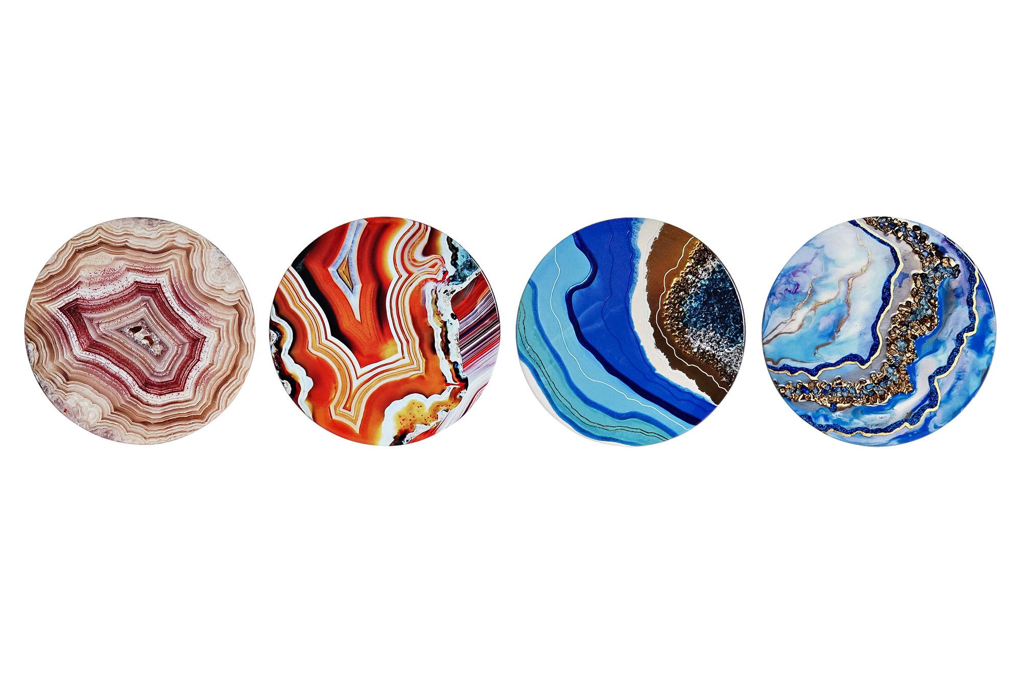 DKD Home Decor Posavasos Moderno Set de 4 Multicolor Azul de Dolomita y Corcho 10.8x10.8x0.7 cm con Diseño Geodas