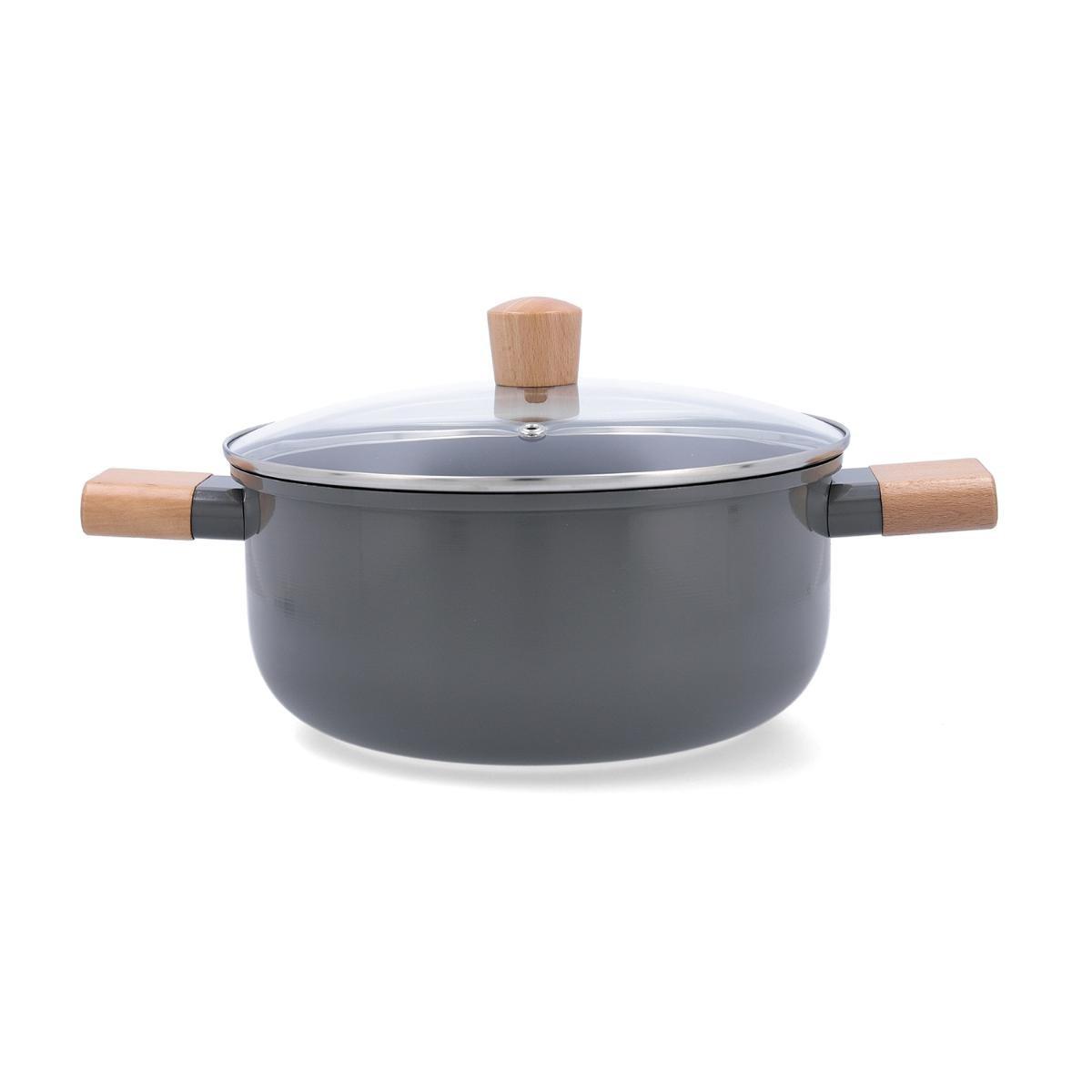 Bidasoa Cacerola Aluminio Prensado Mia 24 cm Gris, 2 Capas Antiadherentes, Mango Ergonómico, Asas de Madera, Apta Inducción y Gas