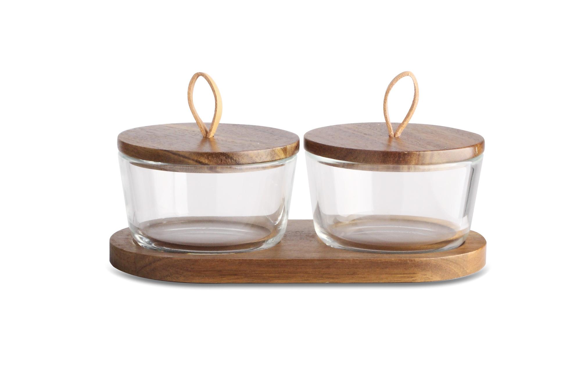 DKD Home Decor Bote Set 3 Unidades Madera Acacia y Cristal 240ml Marrón Transparente 10.5x7x20.5 cm