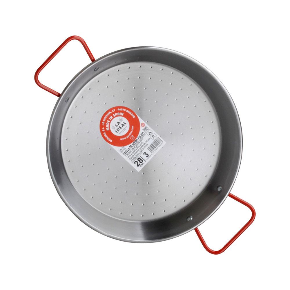 Garcima Paellera La Ideal de Acero Pulido, 28 cm, para 3 Raciones, con 2 Asas Rojas, Apta Gas y Leña (6 Unidades)
