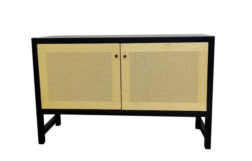 DKD Home Decor Buffet Balines Aparador Mueble Auxiliar de Ratan y Abeto Negro Natural con 2 Puertas y 1 Estantería 120x38x76 cm