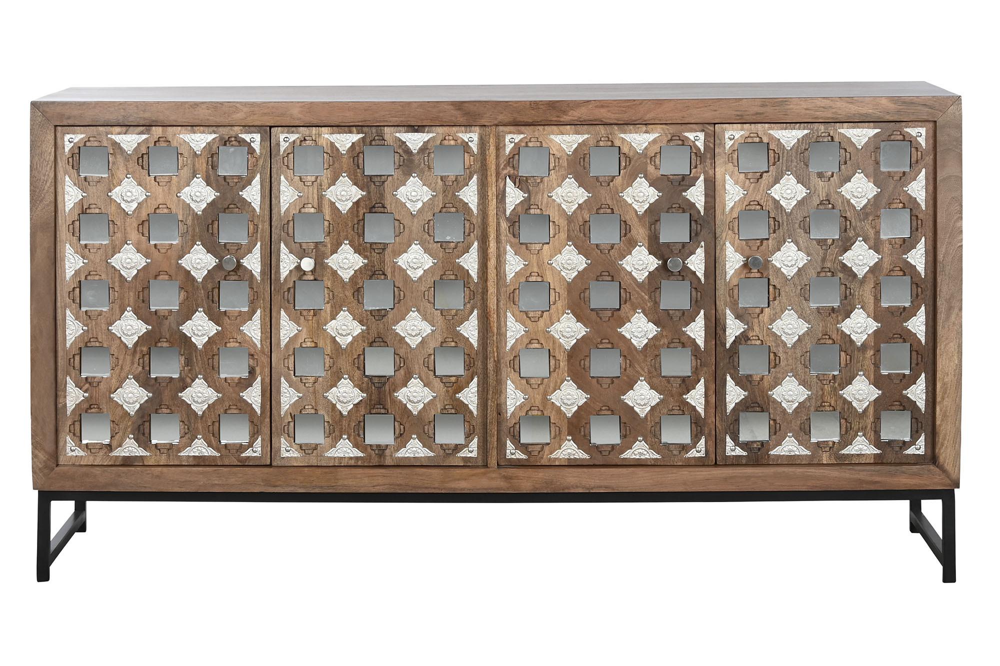DKD Home Decor Buffet Indio de Mango y Espejo Natural Plateado 150x38x80 cm con 4 Puertas y 2 Estanterías