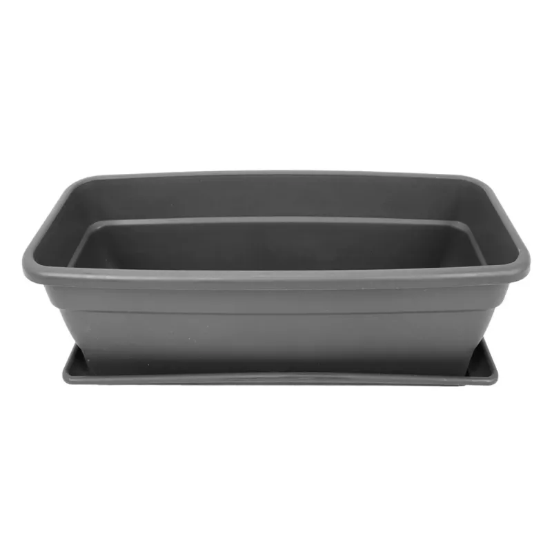 Jardinera rectangular con plato a juego y drenaje, gris, 40 x 21,5 x 17,5 cm, polipropileno resistente interior/exterior