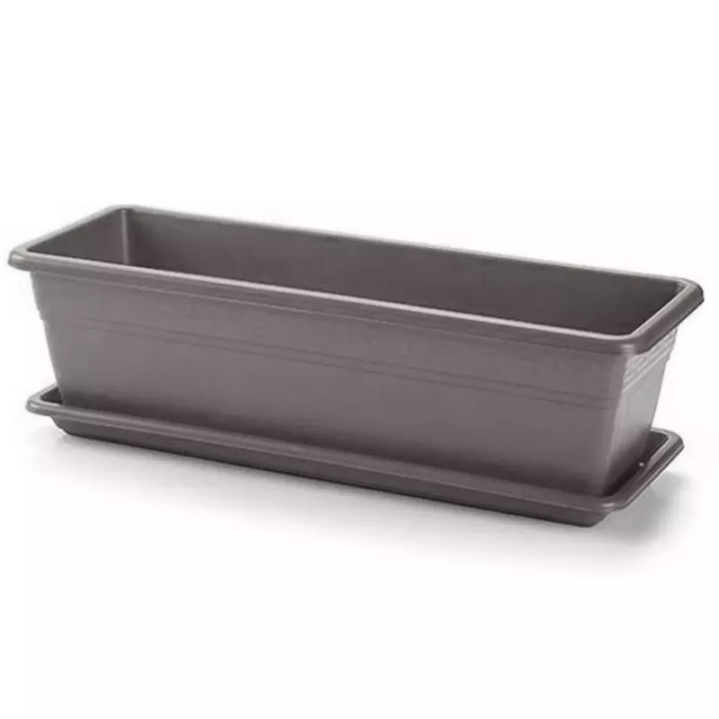 Jardinera rectangular con plato a juego 49 x 18 x 15 cm, 20 litros, drenaje, polipropileno resistente, interior/exterior, gris
