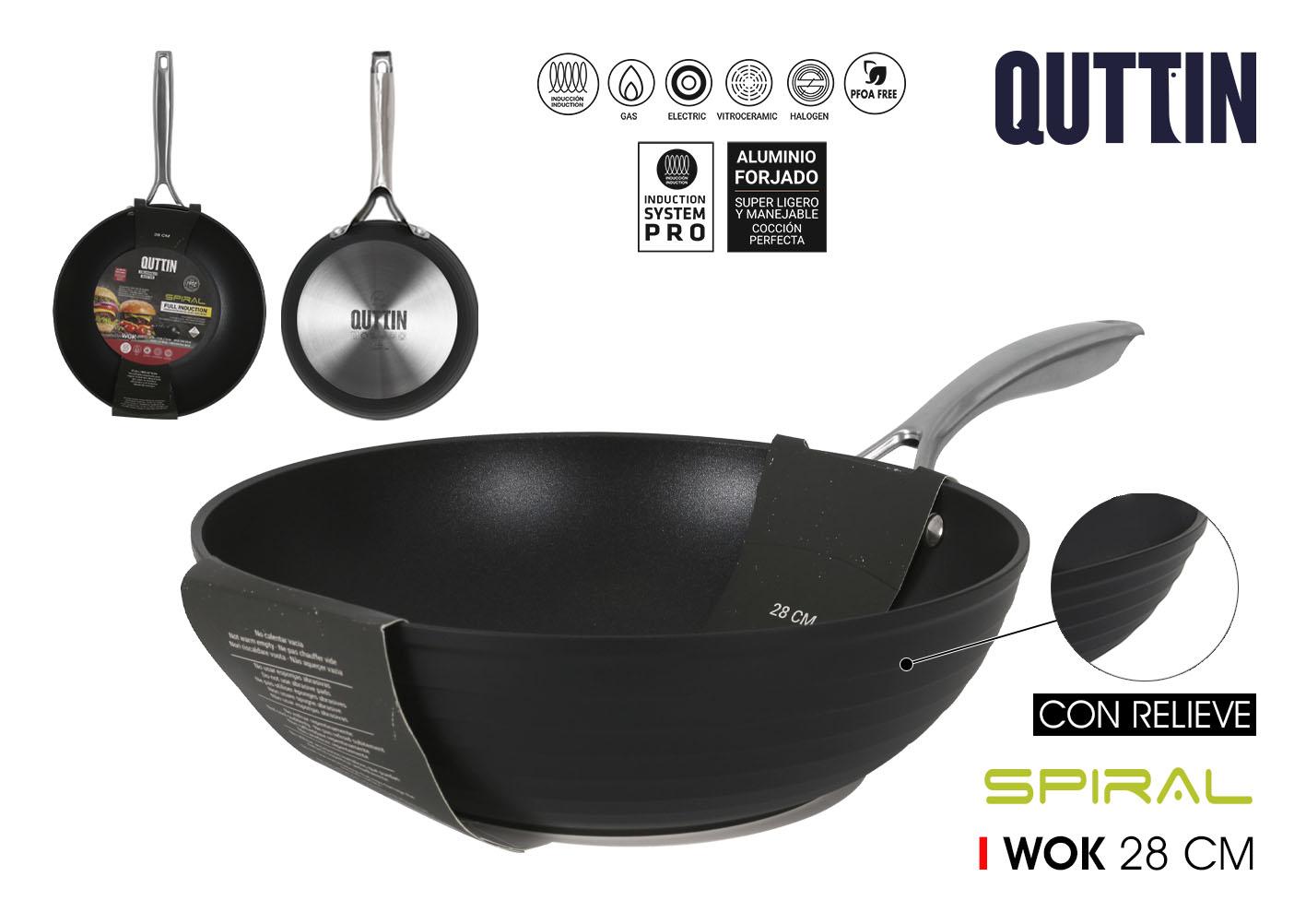 Quttin Sartén Wok de 28 cm para Inducción, Aluminio Forjado con Base Spiral - Medidas: 29 cm Ancho, 8.5 cm Alto, 49.5 cm Largo (4 Unidades)
