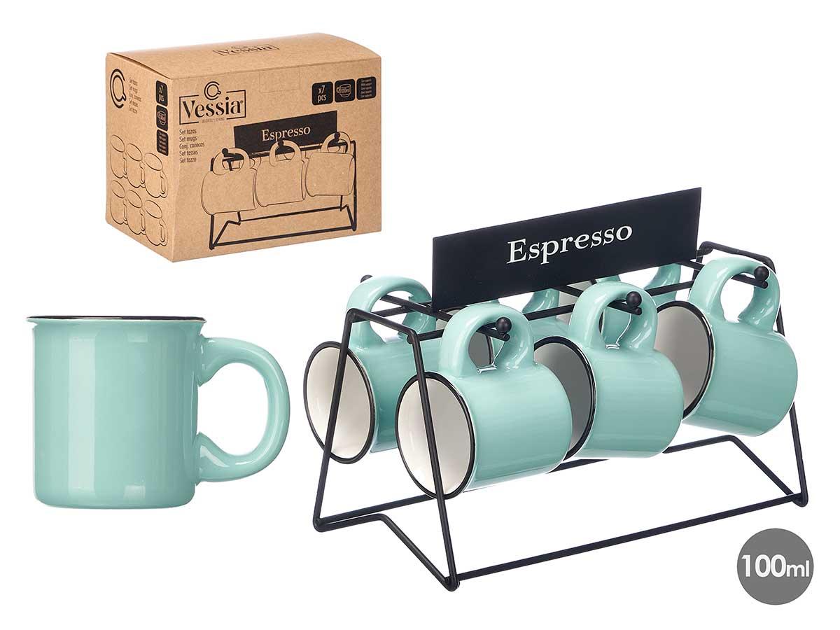 Vessia Set de 6 Tazas de Café Menta 100 ml, Porcelana y Metal, 23.5x17x15 cm (6 Unidades)