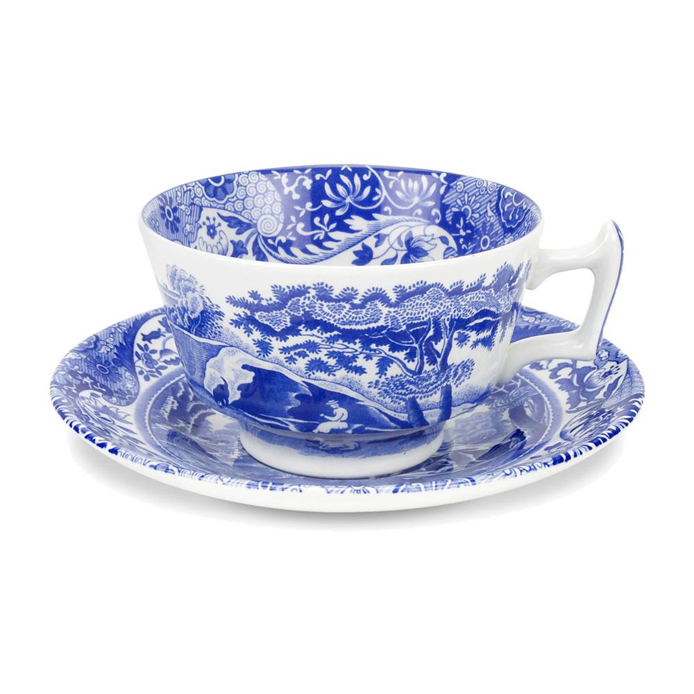Spode Taza de Té con Plato Blue Italian 200 ml - Juego de 4 Unidades - Apta Lavavajillas, Microondas, Horno (170ºC), Congelador