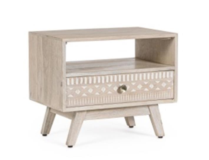 DKD Home Decor Mesita de Noche Boho de Mango Blanco Natural con 1 Cajón 35 x 45 x 55 cm