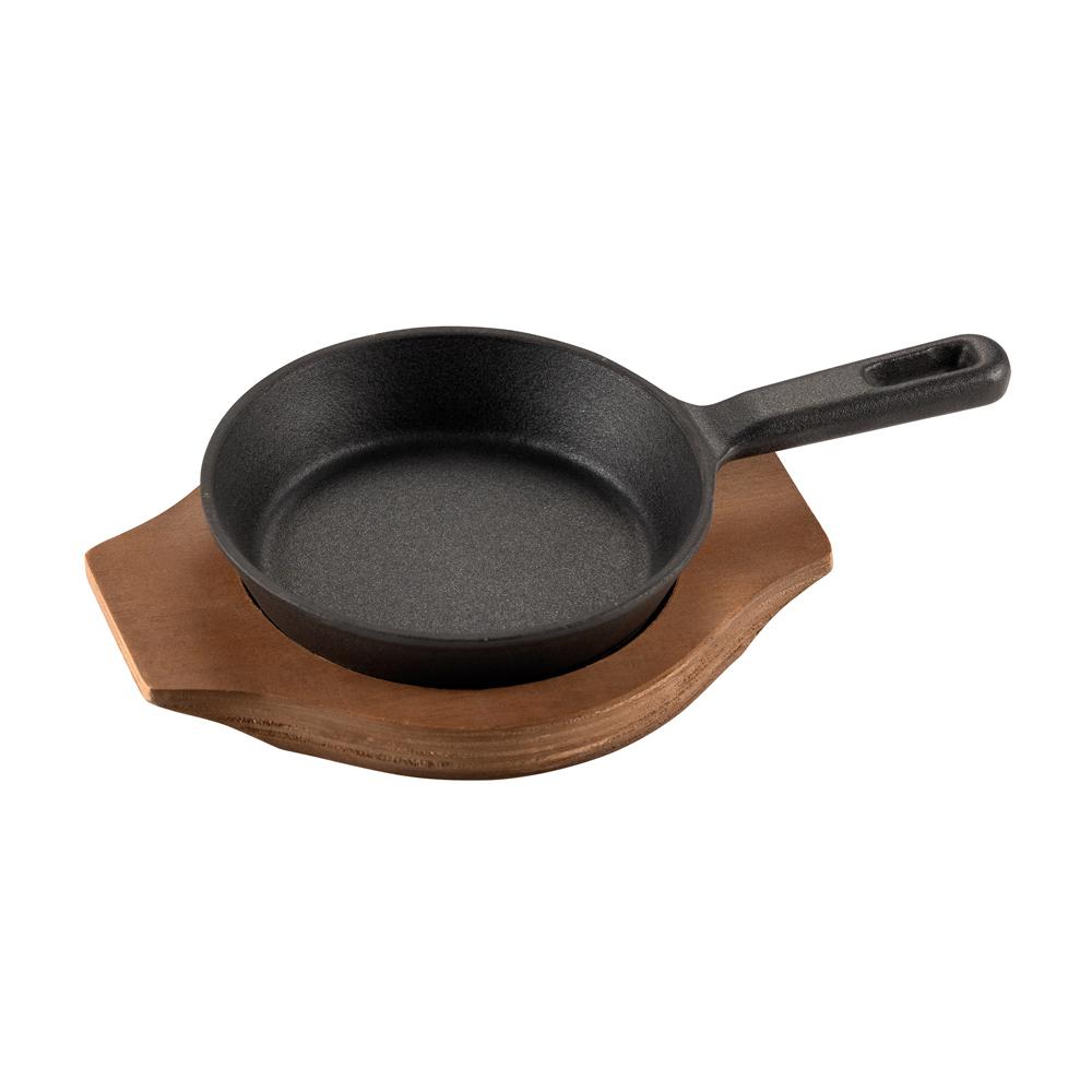 Mini Sartén Hierro Fundido Esmaltado 10 cm con Bandeja de Madera Contrachapada, Gran Retención de Calor 1946