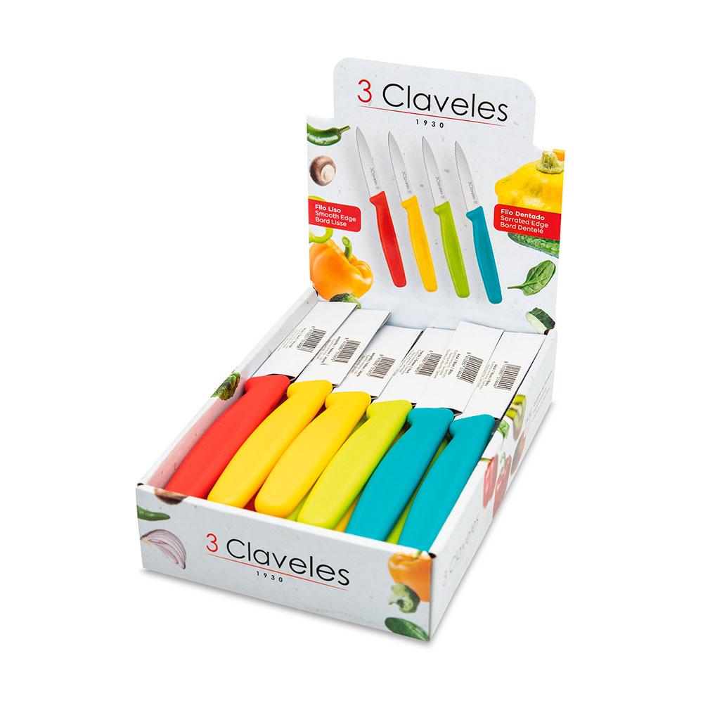 3 Claveles Cuchillo Verduras 8 cm Filo Liso/Dentado Colores Surtidos - Expositor 24 Unidades