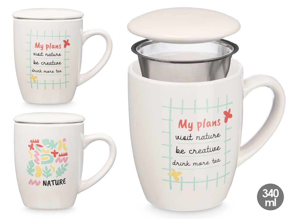 Vessia Taza de Porcelana Nature con Tapa y Filtro 340 ml, Blanco, 12x10x8 cm (24 Unidades)