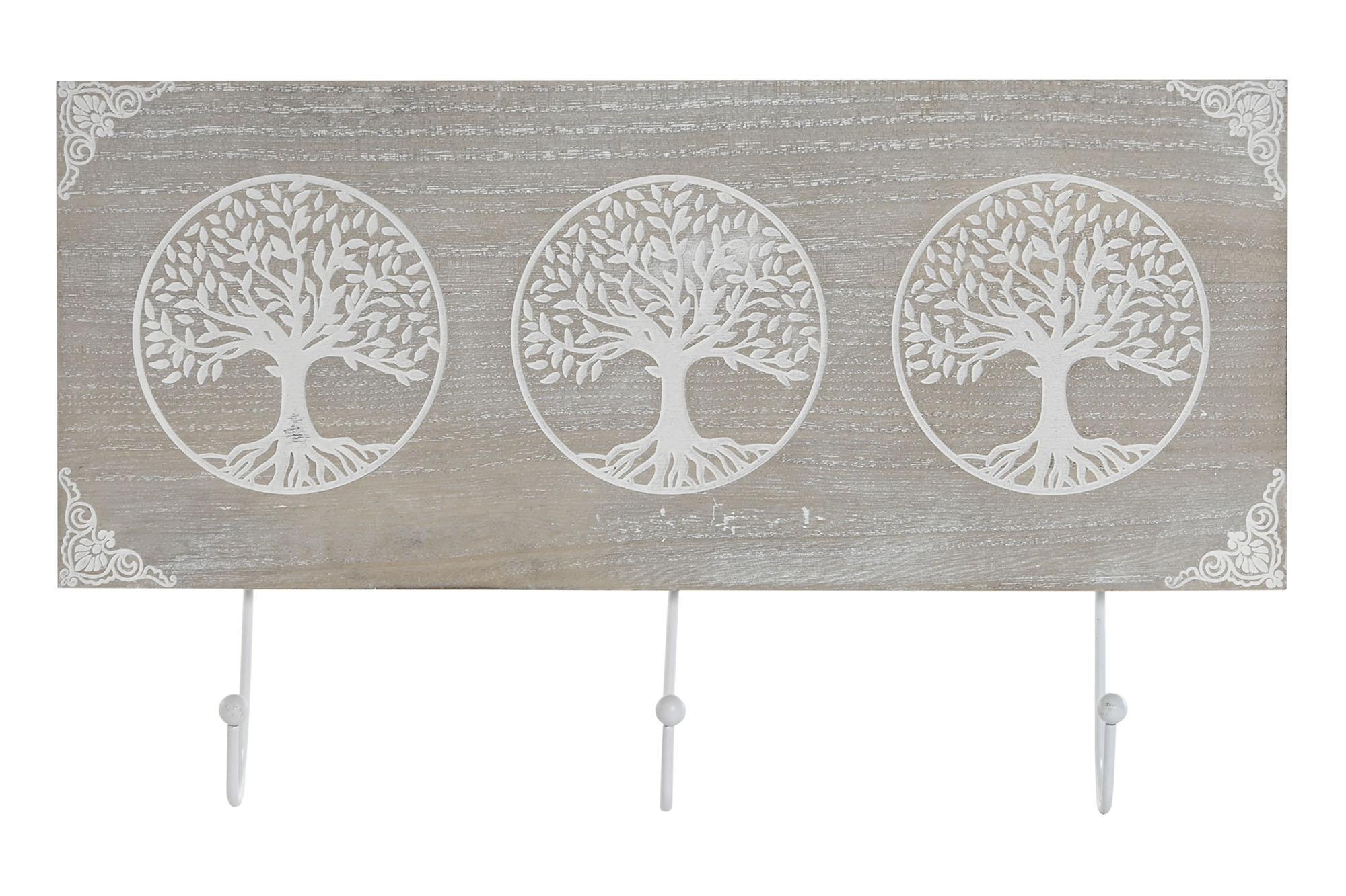 DKD Home Decor Perchero de Pared Estilo Indio Árbol de la Vida Desgastado, MDF y Metal, Gris y Blanco, 39x22x4.5 cm - Pack 6 Unidades