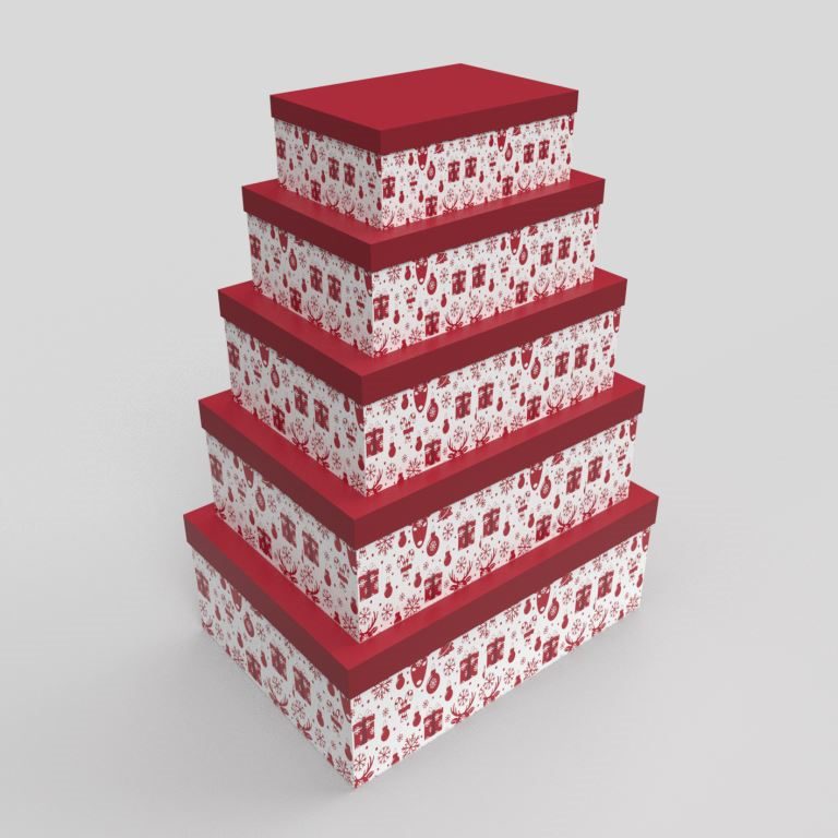 DKD Home Decor Caja de Navidad Tradicional de Cartón Rojo Blanco con Renos - Set de 5 Cajas, 50 An. x 35 La. x 25 Al. cm
