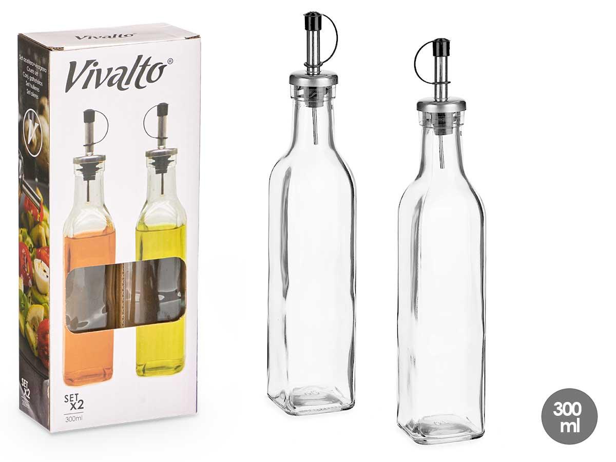 Vivalto Set de Cocina Aceitera y Vinagrera de Vidrio 300 ml, Silicona y Acero Inoxidable, Transparente, 10.5x26x5.5 cm (24 Unidades)
