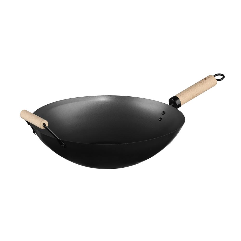 5Five Wok de Acero Inoxidable Ø35 cm con Mango de Madera y Asa - Compatible con Todo Tipo de Fuego (Excepto Inducción)