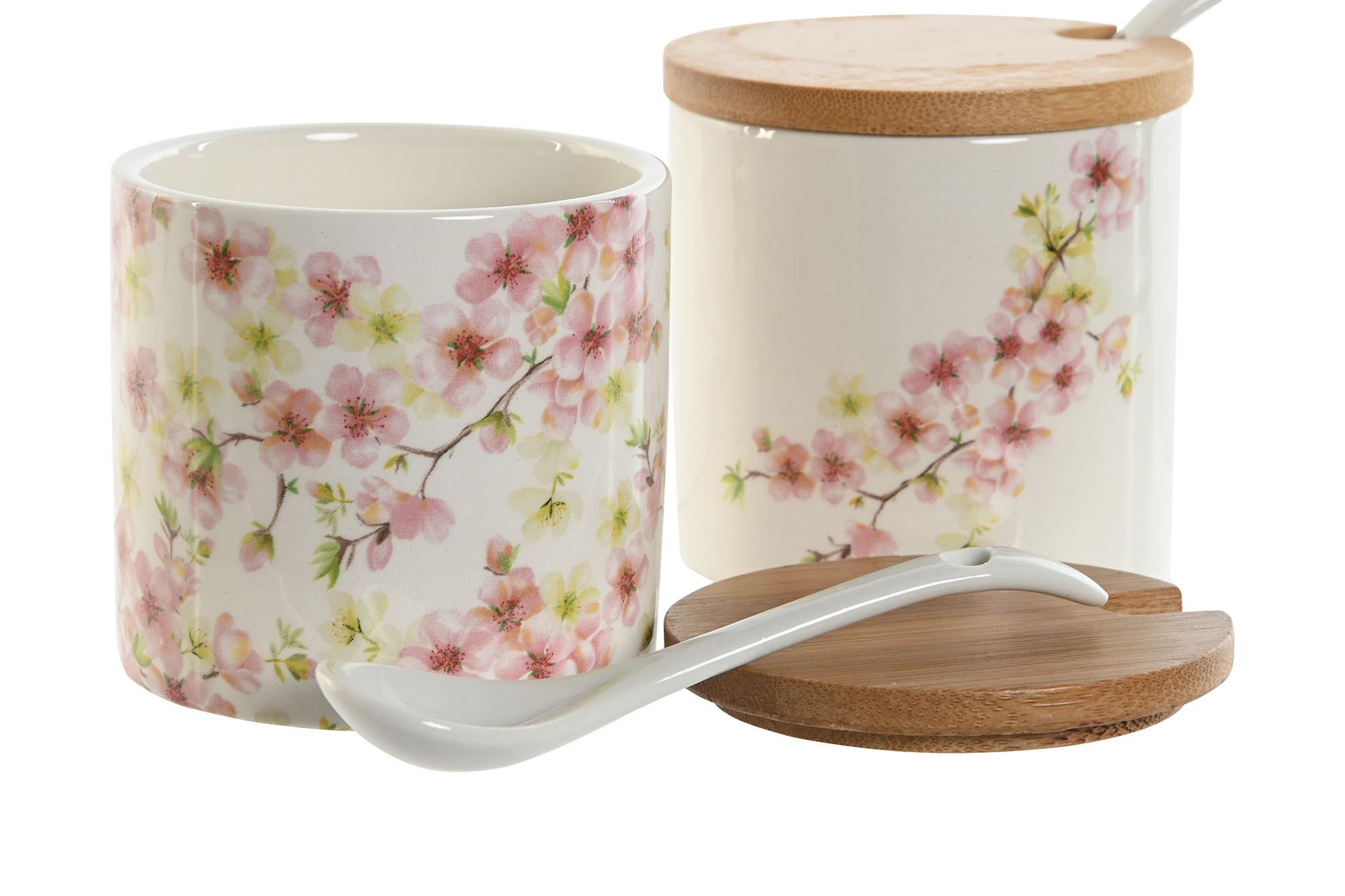 DKD Home Decor Azucarero Romantico Rosa Blanco de Dolomite y Bambú 7.5x7.5x7.5 cm Apto Lavavajillas (2 Unidades)