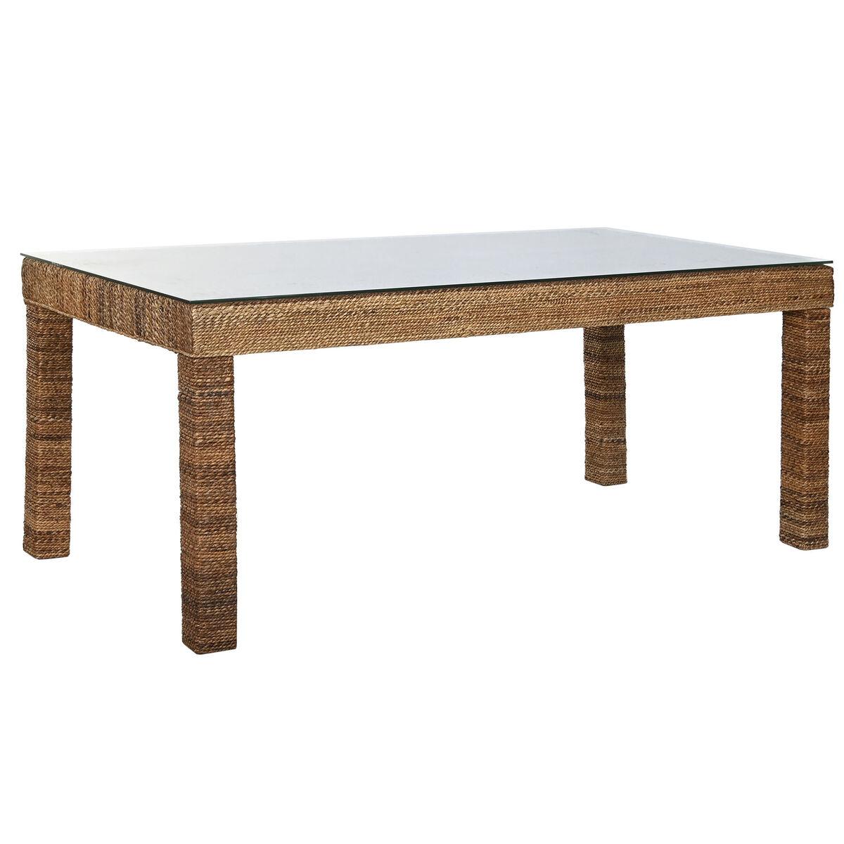 Mesa de Comedor Home ESPRIT Natural Cristal Templado Fibra madera de teca 180 x 90 x 77 cm