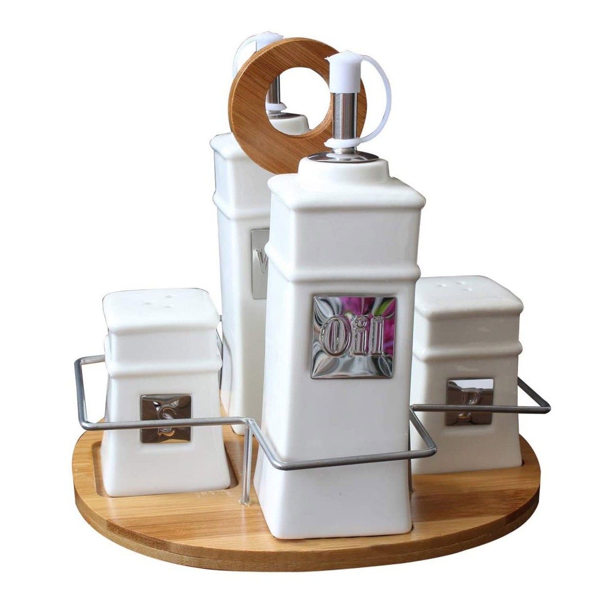 *TARA* Aceitera y Vinagrera moderna de cerámica y bambú natural blanca para cocina