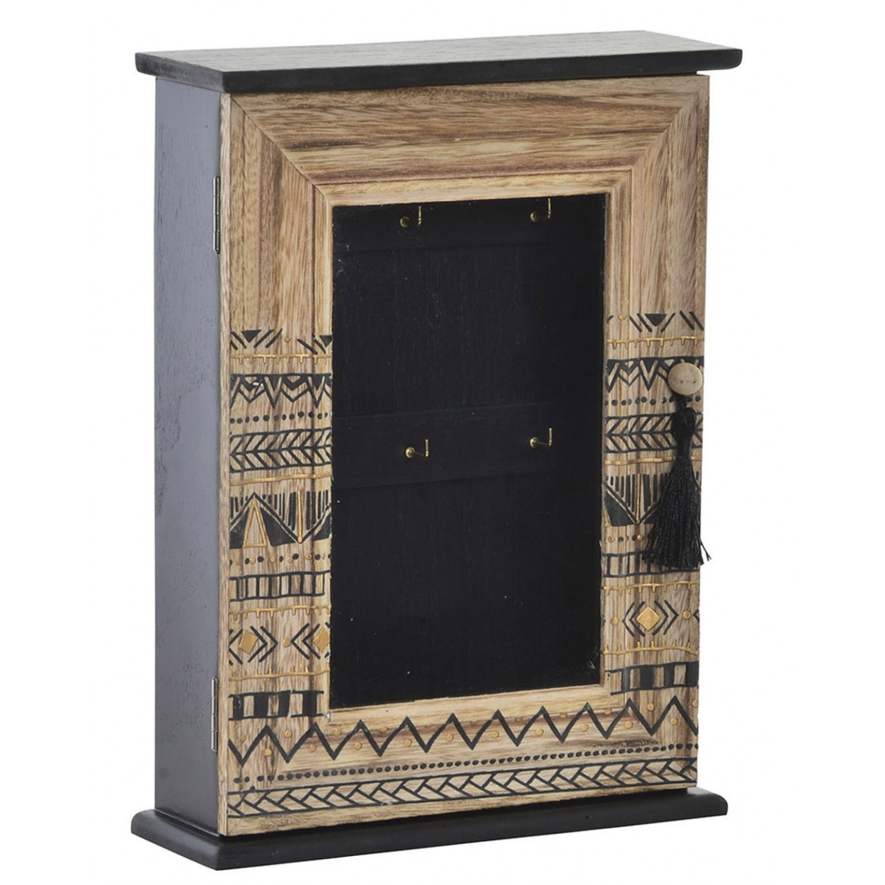 *TARA* Guardallaves Pared Étnico de Madera/Cristal, Diseño Original para Recibidor con 6 Colgadores. 20X7X17 cm