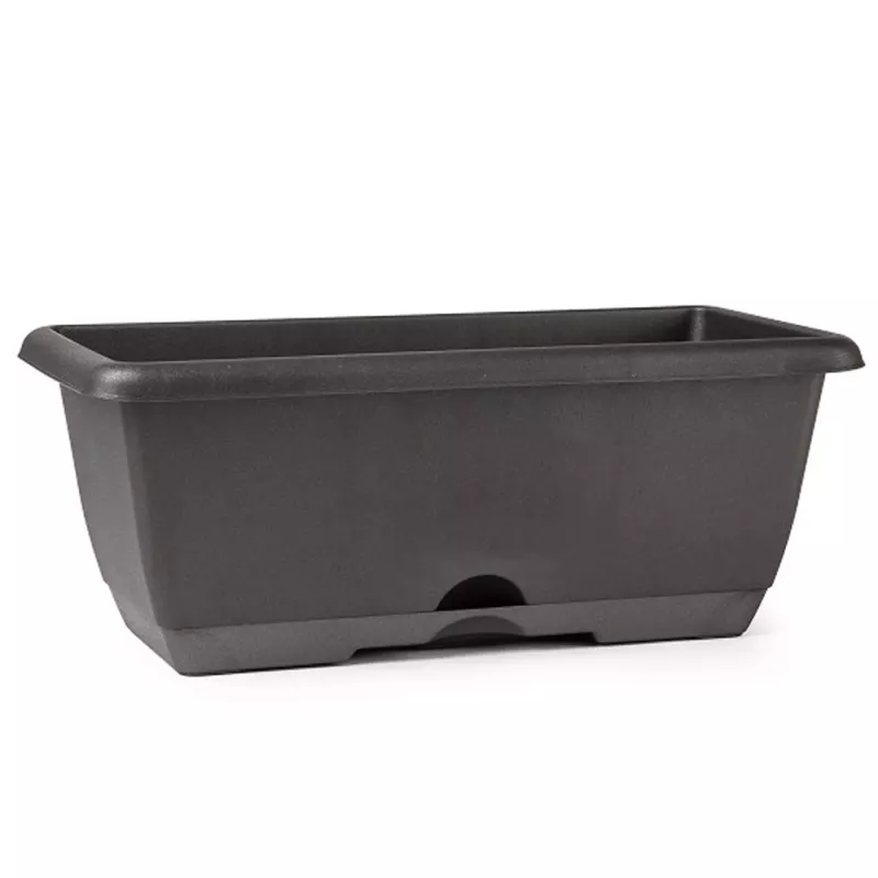 Jardinera rectangular gris antracita 40 x 19 x 17,5 cm, base 30 x 12 cm, 8 L, plato integrado, polipropileno, fabricada en España