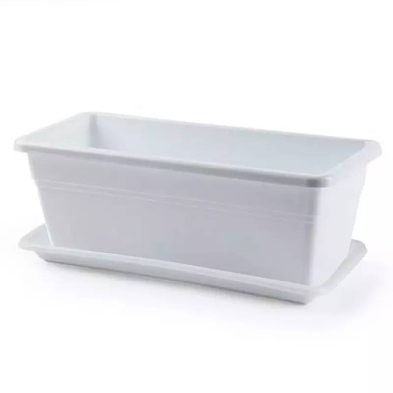 Jardinera rectangular con plato, blanco, 39,5 x 18 x 15 cm, 16 L, drenaje, interior/exterior, polipropileno resistente
