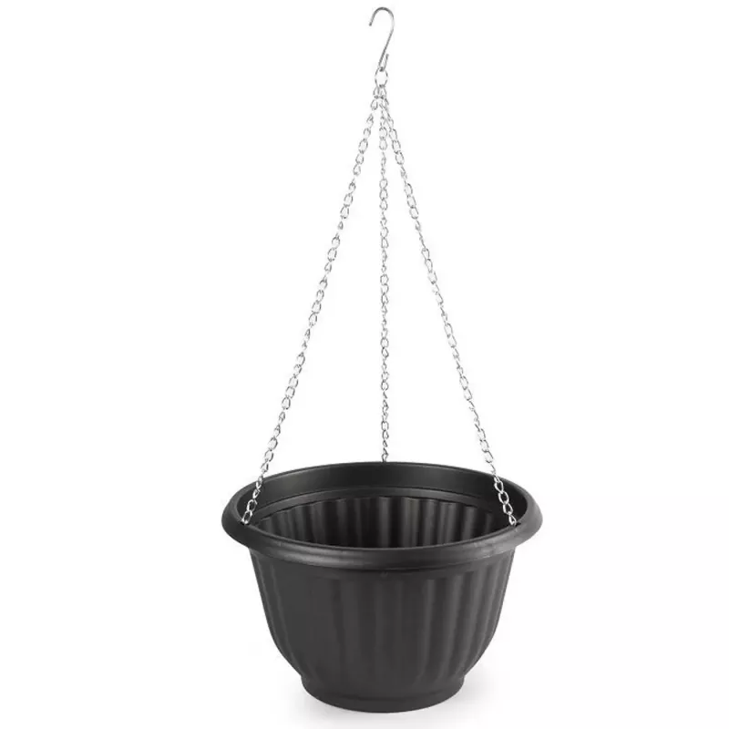 Maceta colgante redonda 25 x 15 cm, gris antracita, plástico resistente con cadena y gancho, interior/exterior, hecha en España