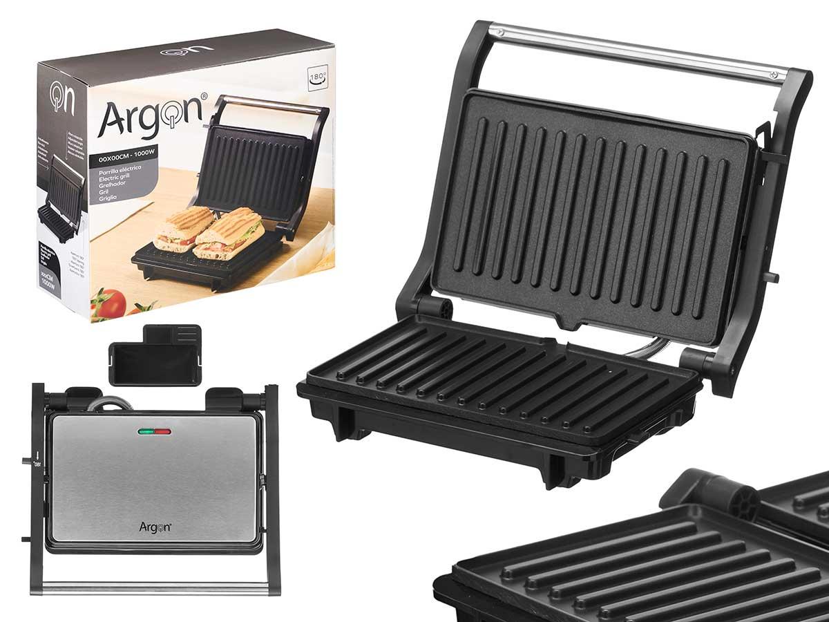 Argon Parrilla Doble Presión Media Negra 1000W, Apertura 180°, Control Temperatura 26.7x9x23 cm (4 Unidades)
