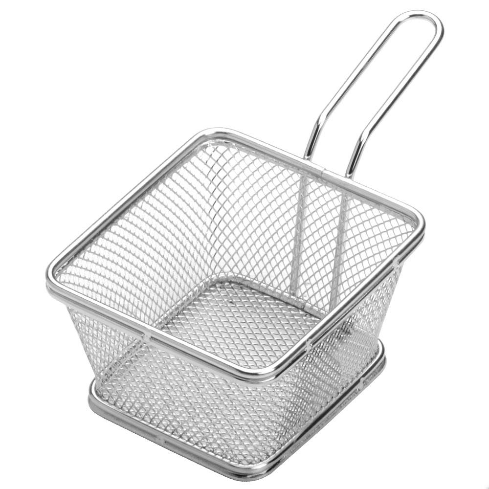 Cesta de Presentación de Fritos 1946, Acero Inoxidable 18/10 Cuadrada con Asa (Tipo Freidora), para Emplatar Patatas, Croquetas, Calamares 12x12 cm
