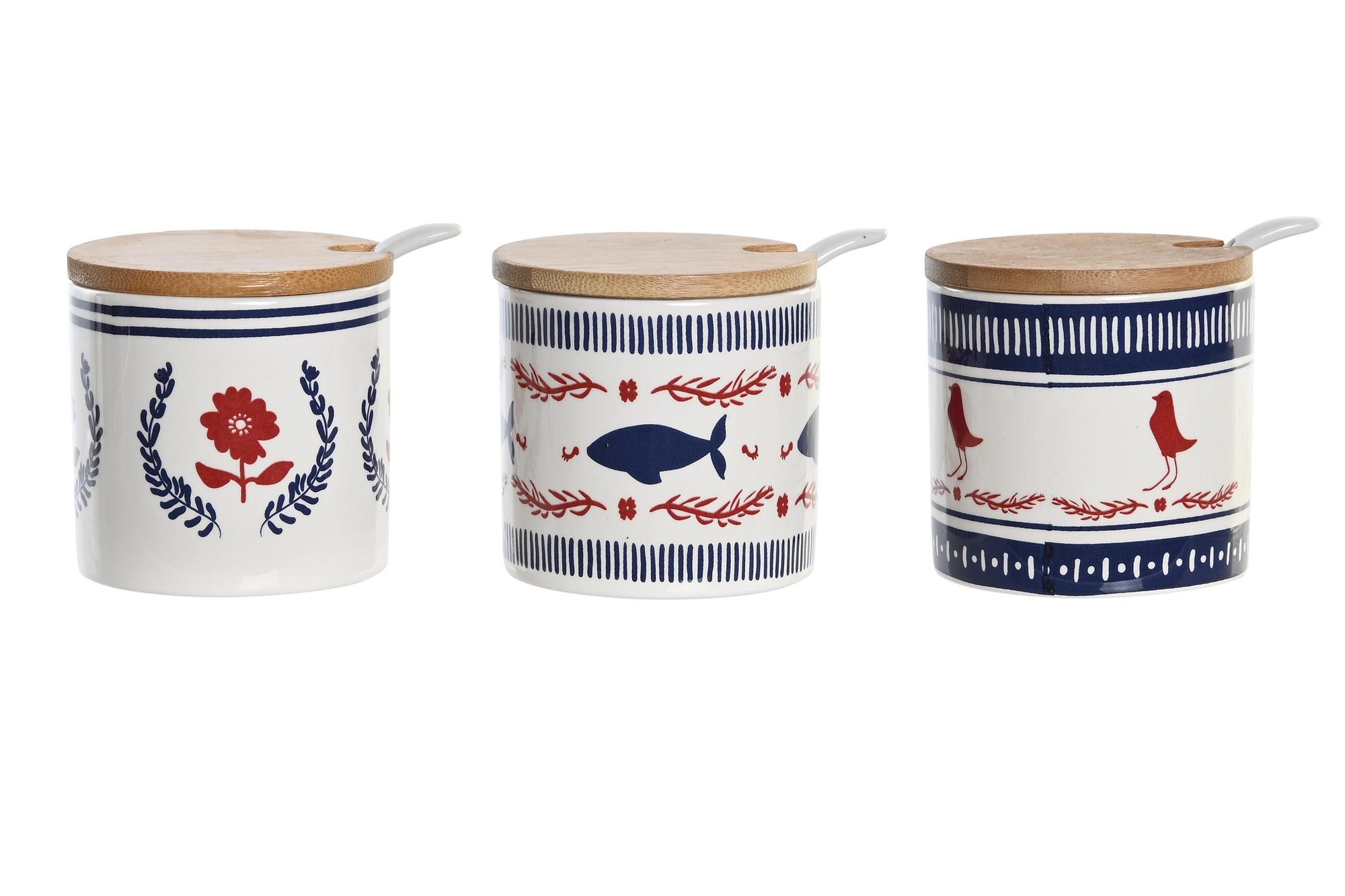 DKD Home Decor Azucarero Mediterraneo Azul Rojo Surtido 7.5x7.5x7.5 cm Dolomite Bambú Pack 6 Und. Apto Microondas Lavavajillas